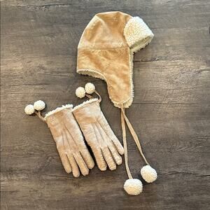 American Eagle Women's Vintage Y2K Tan/Cream Leather Trapper Hat & Gloves Set